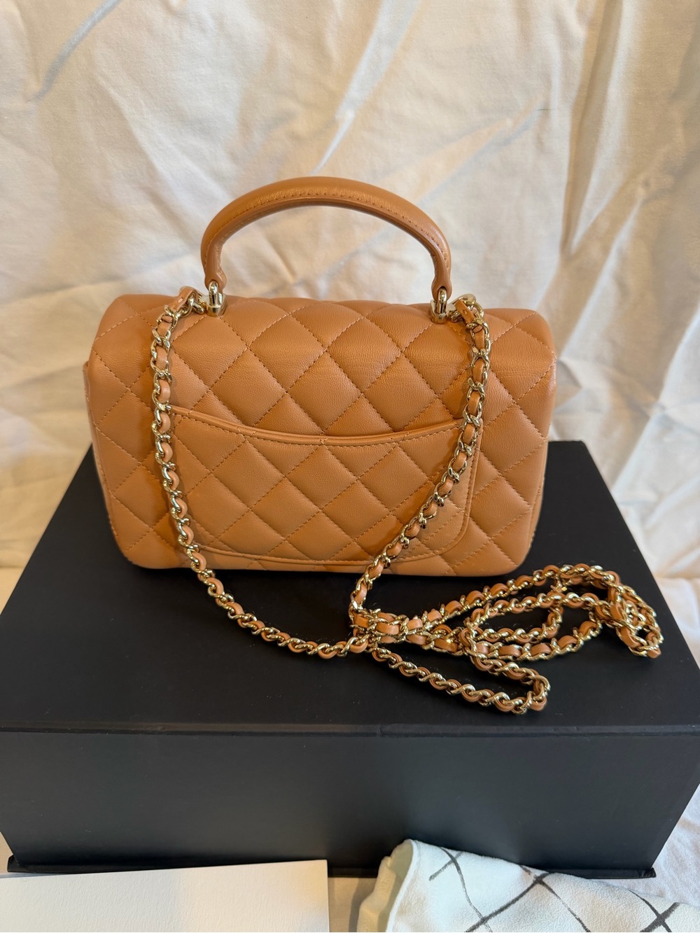 โSOLDโ CHANEL Lambskin Quilted Mini Top Handle Rectangle Flap Beige w/GH - Picture 2 of 10